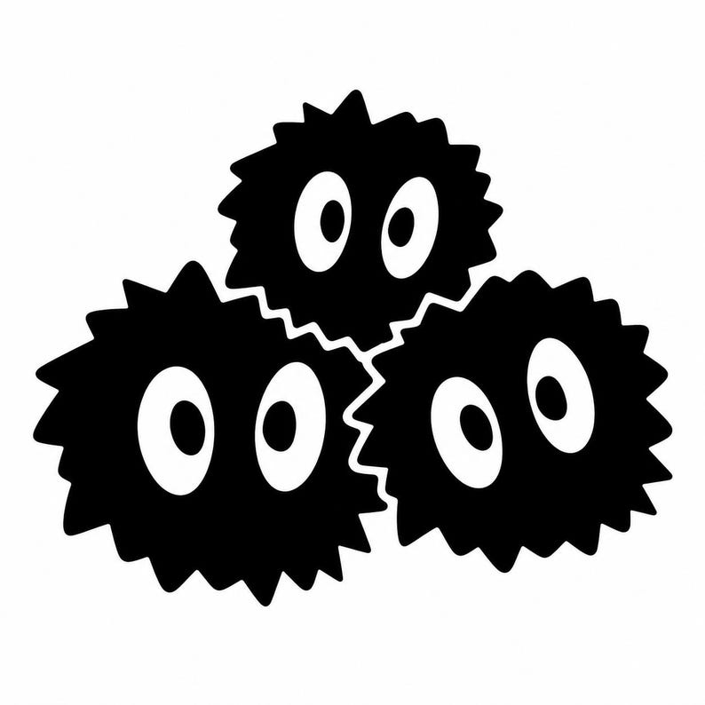 May include: A graphic illustration featuring three black, circular, spiky shapes arranged in a cluster. Each shape has two large, white, oval-shaped eyes positioned in the center, creating a consistent, high-contrast black and white design.