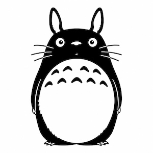 May include: A black and white graphic illustration of a round, furry creature with tall ears, long whiskers, and large eyes. The creature features a prominent white belly marked with several small, dark, chevron-shaped patterns across the chest area.