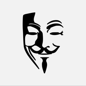Puede incluir: Gráfico en blanco y negro de la máscara de Guy Fawkes, que representa una cara sonriente con bigote y perilla. La máscara es un símbolo de protesta y anonimato, a menudo asociado con el grupo Anonymous.