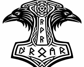 Młot Thora Mjolnir Wikingowie Nordyccy Runy Fenrir Mitologia Wilk Winylowa Naklejka Wycinana