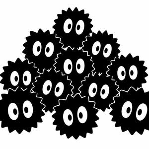 May include: A cluster of ten black, circular, spiky soot sprites, each featuring two large, white, oval-shaped eyes with black pupils. The graphic illustration is presented in a high-contrast, flat style against a plain white background.