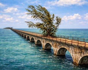Key West, Florida - Fred the Tree - Seven Mile Bridge - Poster di viaggio vintage - Stampa artistica di qualità (senza cornice) 19 x 13 pollici