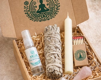 Kit de limpieza energética ALMATEA™ – Limpieza AKUA 10 ml, salvia blanca, vela, péndulo y cerillas