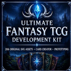 May include: A digital graphic featuring the text ULTIMATE FANTASY TCG DEVELOPMENT KIT and 206 ORIGINAL SVG ASSETS • CARD CREATOR • PROTOTYPING. The design includes a glowing blue crystal icon and five playing cards with dark, ornate borders.