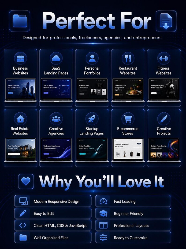 May include: A digital infographic with a dark blue theme displaying website templates. It features ten laptop icons with various website previews, labeled categories like Business and Fitness, and a list of features including Modern Responsive Design.