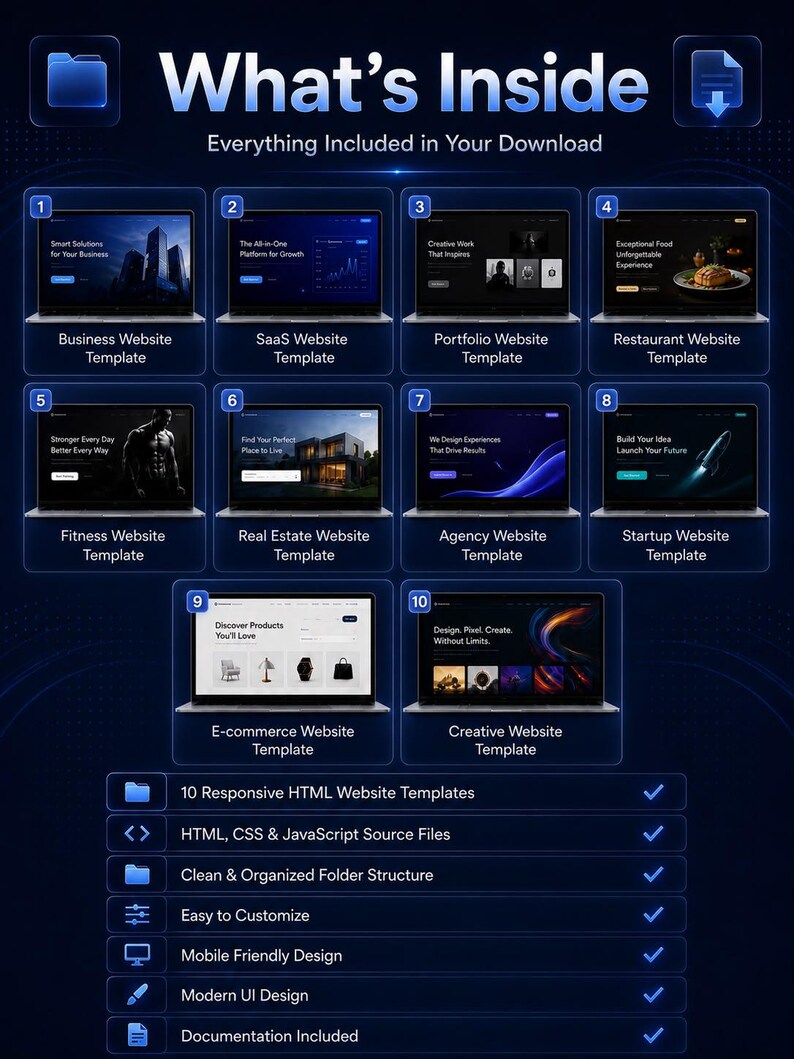 May include: A digital infographic titled What's Inside displaying ten numbered laptop screens showing website templates for business, SaaS, portfolio, restaurant, fitness, real estate, agency, startup, e-commerce, and creative sectors with feature lists.