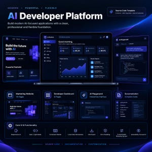 May include: A dark-themed AI developer platform interface display featuring a central dashboard with project activity graphs, analytics, and navigation menus. The layout includes marketing website previews, code snippets, and documentation modules.