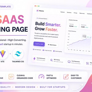 Premium AI SaaS-bestemmingspaginasjabloon | React Vite Tailwind CSS | Opstartwebsite | Moderne technologie-bestemmingspagina | Responsieve websitesjabloon