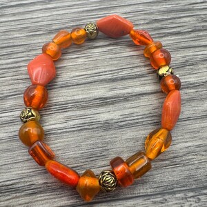Amber Orange and Gold Bracelet –  Rustic Boho Stretch