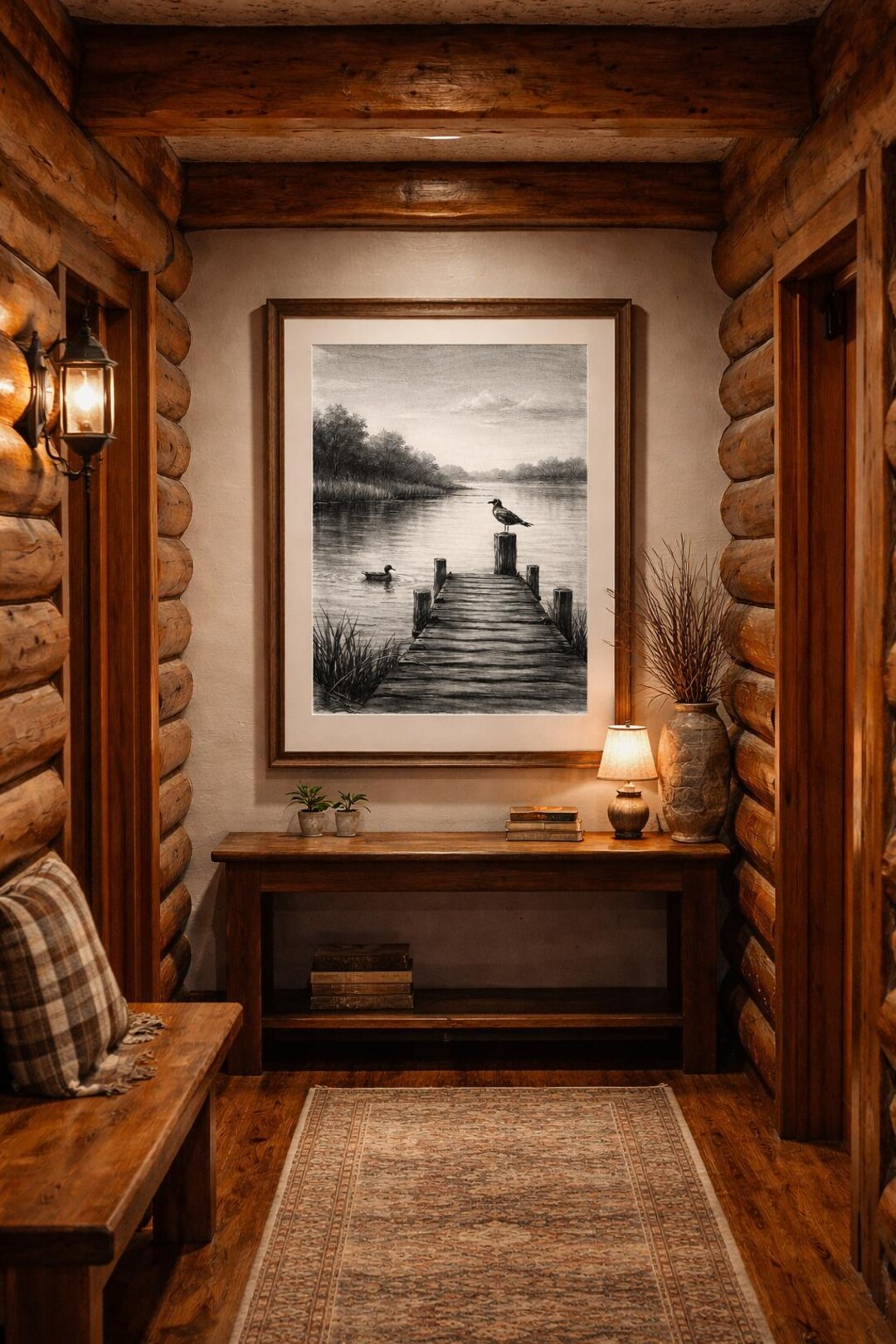 Curated visual reference: Picture Idea: Charcoal Pier Wall Art Minimal Lake Landscape With Birds Black