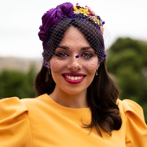 Elegant Purple Ruched Headband with Floral & Jewel Embellishments for Formal Occasions