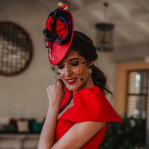Elegant Red Fascinator &#39;Rubi&#39; - Handmade Hat Plate with Feathers, Jewel Brooch, Optional Veil for Special Events