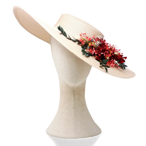 Kentucky Derby hat. Race hat. Ivory cream and red fascinator headpiece. Wedding guest hat. Boater top hat. Felt saucer hat. Royal ascot hat