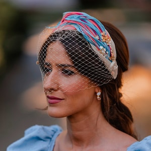 Feathered Sinamay Fascinator Headband with Veil - Handmade Wedding Guest Accessory for Special Events