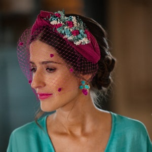 Fuchsia Knot Headband Fascinator with Preserved Flowers & Polka Dot Veil for Elegant Weddings