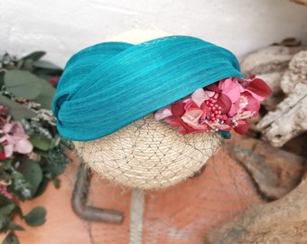 Double turquoise headband. Bridal headband with veil. Guest headband. Fascinator headband. Tulle silk headband.Hot pink dry flowers headband