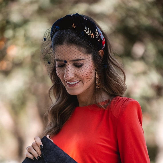 Elegant Navy Velvet Headband With Veil: Handmade Bridal  display picture 2