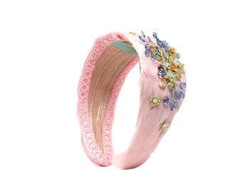 Wedding headband. Guest headband. Pink feather headband. Handmade headband. Embellished headband. Floral motif jewel headband