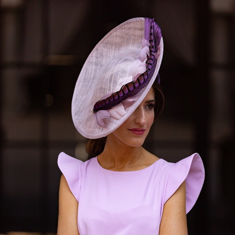 Derby hats for women. Royal ascot hat. Modern feather fascinator. Wedding guest hat. Kentucky derby hat. Boater hat. Ivory purple fascinator image 1