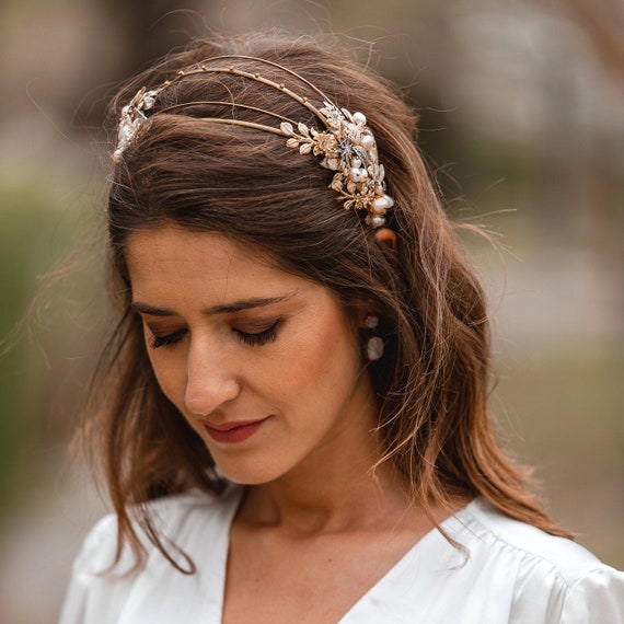 Elegant Gold Bridal Headband With Pearls & Crystals 