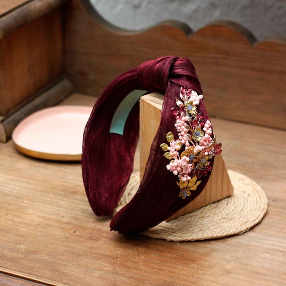 Burgundy Knot Jewel Headband With Veil: Silk Wedding  display picture 3