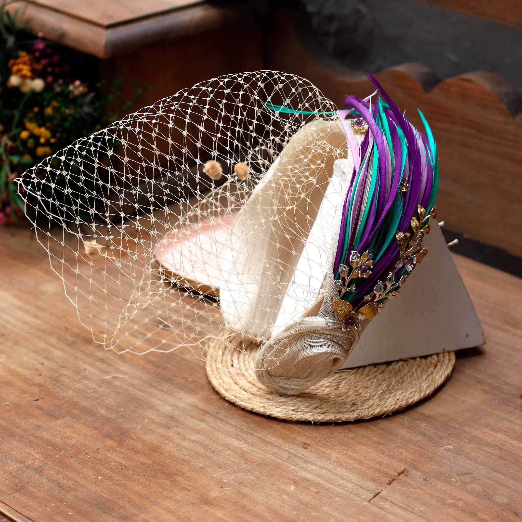 Feathered Sinamay Fascinator Headband With Veil - Handmade 