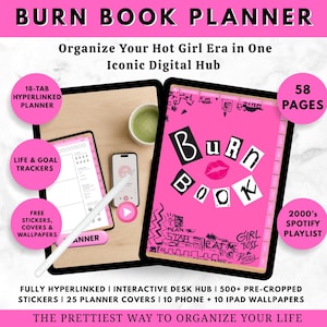 May include: A digital Burn Book planner displayed on a tablet screen with a bright pink cover featuring cut-out style lettering and a lip icon. The planner includes 58 pages, 18 hyperlinked tabs, life and goal trackers, and a 2000s Spotify playlist.
