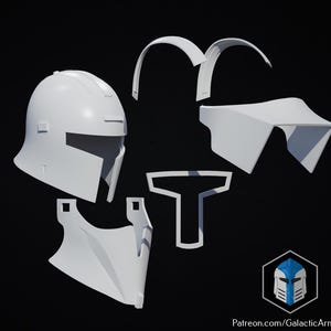 May include: A disassembled white helmet and armor set, likely for cosplay or display. The set includes a helmet, shoulder pieces, and chest armor, all in a clean, minimalist design. The image is set against a dark background, with the Galactic Armory logo and website address in the bottom right corner.