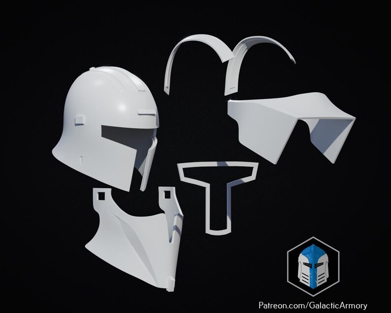 May include: A disassembled white helmet and armor set, likely for cosplay or display. The set includes a helmet, shoulder pieces, and chest armor, all in a clean, minimalist design. The image is set against a dark background, with the Galactic Armory logo and website address in the bottom right corner.