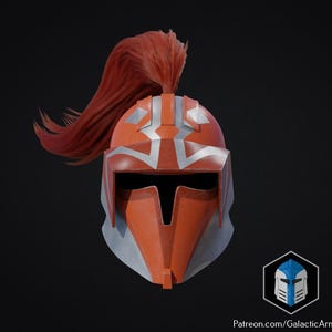 May include: An orange and silver helmet with a red plume. The helmet has a visor and angular design. The image is set against a dark background. The helmet has a logo in the bottom right corner and the text "Patreon.com/GalacticArmory".