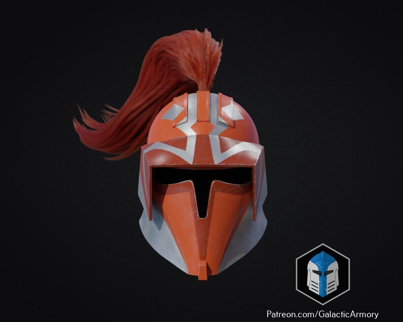 May include: An orange and silver helmet with a red plume. The helmet has a visor and angular design. The image is set against a dark background. The helmet has a logo in the bottom right corner and the text "Patreon.com/GalacticArmory".