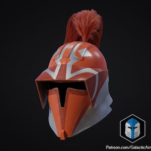 May include: A red and white helmet with a stylized design, featuring a prominent visor and a plume of red hair. The helmet has a futuristic aesthetic, with angular shapes and a glossy finish. The design includes white chevron patterns. The helmet is likely for cosplay or display.