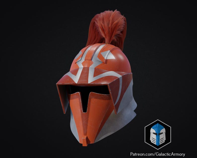 May include: A red and white helmet with a stylized design, featuring a prominent visor and a plume of red hair. The helmet has a futuristic aesthetic, with angular shapes and a glossy finish. The design includes white chevron patterns. The helmet is likely for cosplay or display.
