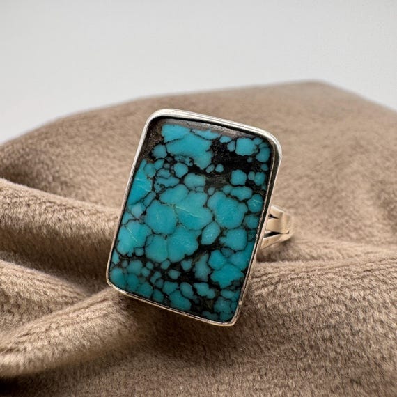 Sterling silver rectangle Turquoise ring, size 6.… - image 1