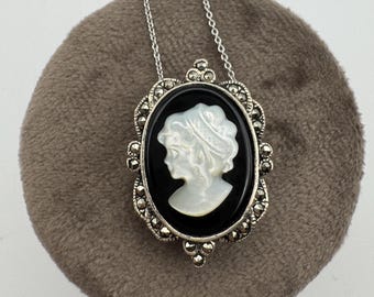 Vintage Black Mother of pearl Cameo pendant sterling silver with 18" chain