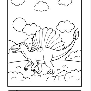 May include: Black and white line drawing of a Spinosaurus dinosaur with a large fin on its back, set against a landscape with clouds and a sun. The word "Spinosaurus" is written in dotted lines below the image, designed for tracing.