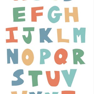 May include: A colorful alphabet poster featuring the letters A through Z in a playful, handwritten style. Each letter is a different color, including orange, blue, green, and yellow, against a white background. Great for kids' rooms and educational decor.