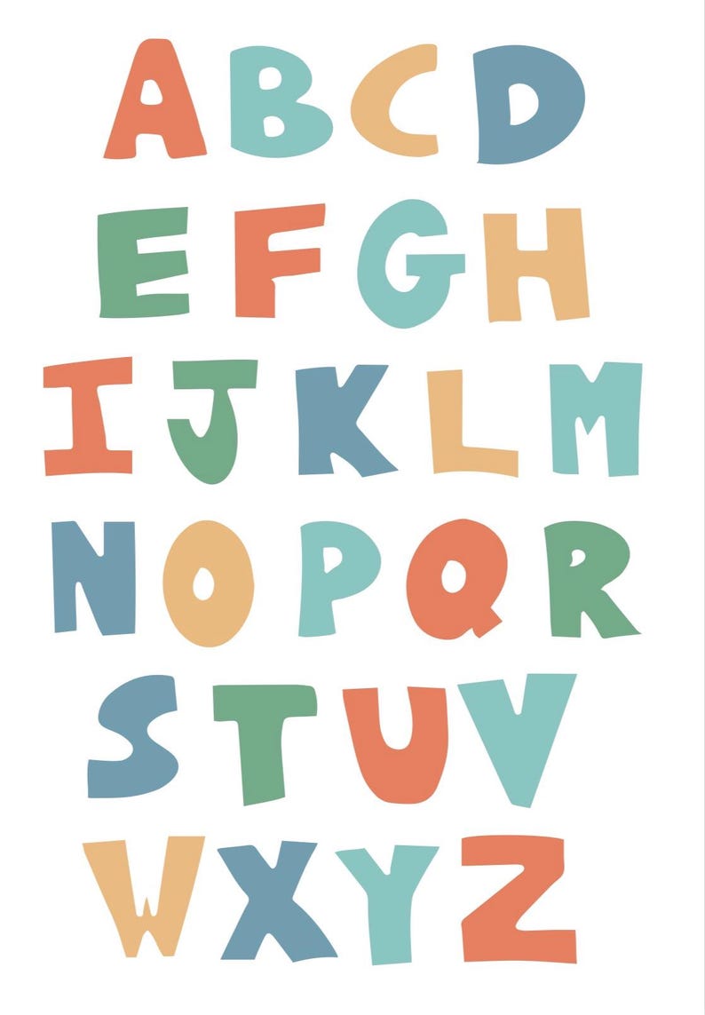 May include: A colorful alphabet poster featuring the letters A through Z in a playful, handwritten style. Each letter is a different color, including orange, blue, green, and yellow, against a white background. Great for kids' rooms and educational decor.