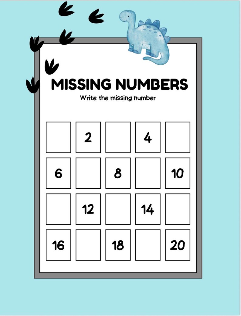 May include: A worksheet with the text "MISSING NUMBERS" and "Write the missing number". The worksheet has a grid with numbers 2 through 20, with some numbers missing. A blue dinosaur illustration is at the top.