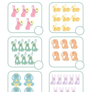 May include: A worksheet with the word "Counting" in yellow. It features six sets of cartoon bunnies in various colors, each set with a different number of bunnies. The instructions are "Count the items and write the number in the circle."