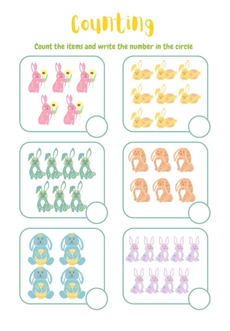 May include: A worksheet with the word "Counting" in yellow. It features six sets of cartoon bunnies in various colors, each set with a different number of bunnies. The instructions are "Count the items and write the number in the circle."