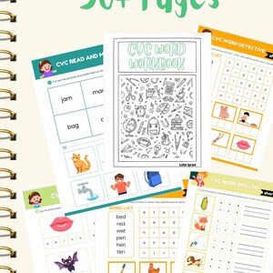Puede incluir: Un cuaderno de trabajo CVC Word Workbook encuadernado en espiral con más de 50 páginas. La portada presenta el título en verde y una ilustración en blanco y negro. En el interior, hay hojas de trabajo para leer, deletrear y actividades de detective de palabras, con ilustraciones coloridas.