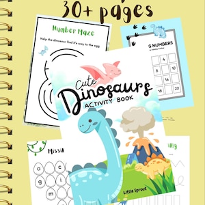 May include: A spiral-bound activity book titled "Cute Dinosaurs Activity Book" with over 30 pages. The pages feature dinosaur-themed mazes, number games, and tracing activities. The cover and pages have colorful illustrations of dinosaurs and related imagery.