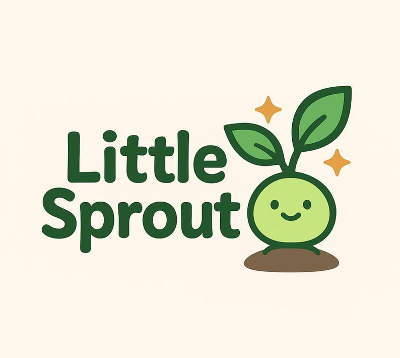 May include: A logo featuring the words "Little Sprout" in dark green, accompanied by a smiling sprout character with green leaves and a light green body. Two orange stars are above the sprout.