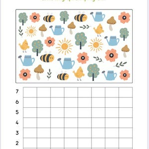 May include: A spring-themed counting worksheet with the word "Counting" in yellow script. The worksheet features illustrations of bees, flowers, trees, watering cans, mushrooms, suns, and chicks. A grid is below for graphing.