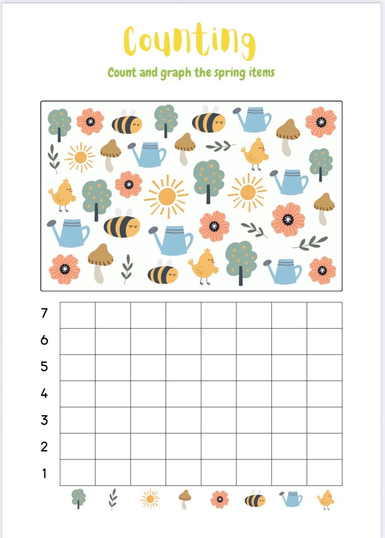 May include: A spring-themed counting worksheet with the word "Counting" in yellow script. The worksheet features illustrations of bees, flowers, trees, watering cans, mushrooms, suns, and chicks. A grid is below for graphing.