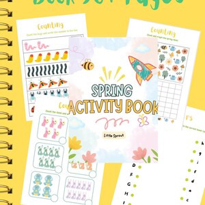May include: A spiral-bound activity book with a yellow cover and pages featuring spring-themed counting and matching exercises. The cover reads "Spring Activity Book 30+ Pages" with illustrations of a bee, rocket, and flowers. The pages include counting exercises with bugs, bunnies, and other spring elements.