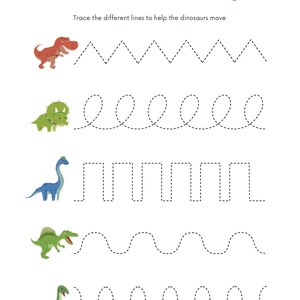 May include: A white worksheet with the title "Dinosaur Tracing" in green. The worksheet features illustrations of dinosaurs and dotted lines for tracing, including zigzags, loops, and waves. The text reads "Trace the different lines to help the dinosaurs move."