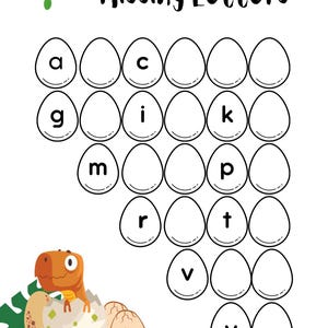 May include: A white educational worksheet with the title "Missing Letters". The worksheet features a dinosaur hatching from an egg, along with a grid of egg shapes containing some letters and blank spaces for missing letters. Green vines decorate the top.