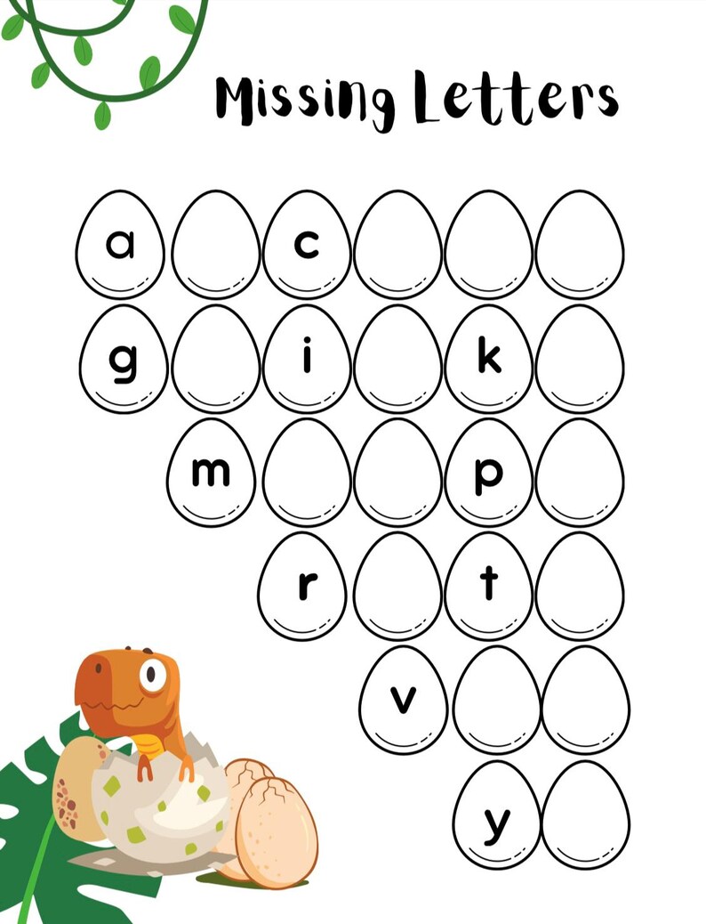 May include: A white educational worksheet with the title "Missing Letters". The worksheet features a dinosaur hatching from an egg, along with a grid of egg shapes containing some letters and blank spaces for missing letters. Green vines decorate the top.